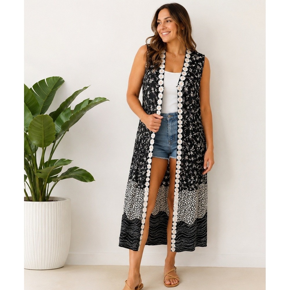 Lola P Floral Daisy Kimono Women's Small Maxi Length Sleeveless Boho Hippie